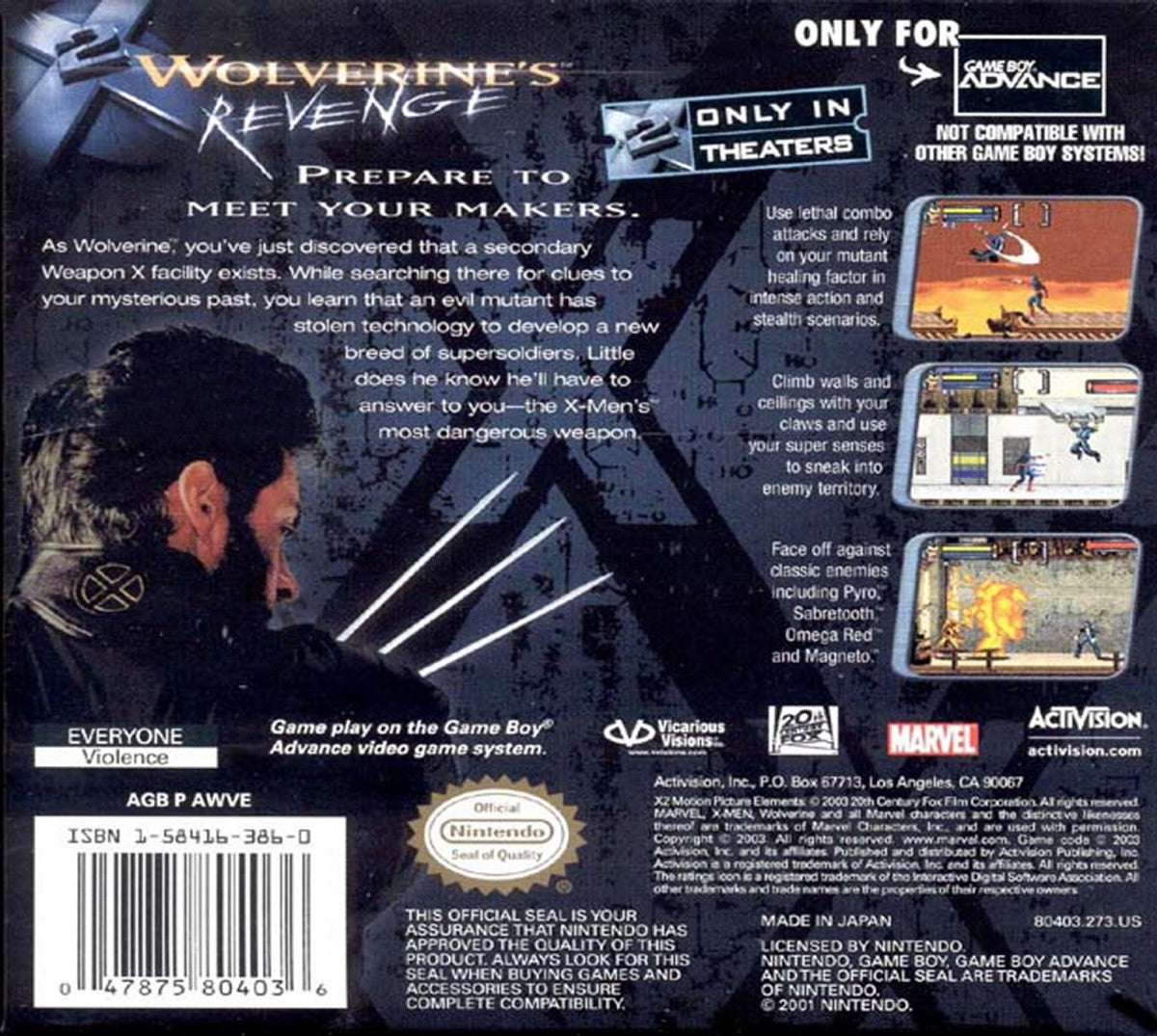 X2 Wolverine's Revenge Game Boy Advance GBA action adventure video game featuring Wolverine mutant abilities claw combat stealth missions powerful enemies boss battles comic book inspired story challenging levels and classic Game Boy Advance GBA gameplay collectible retro gaming appeal back cover art