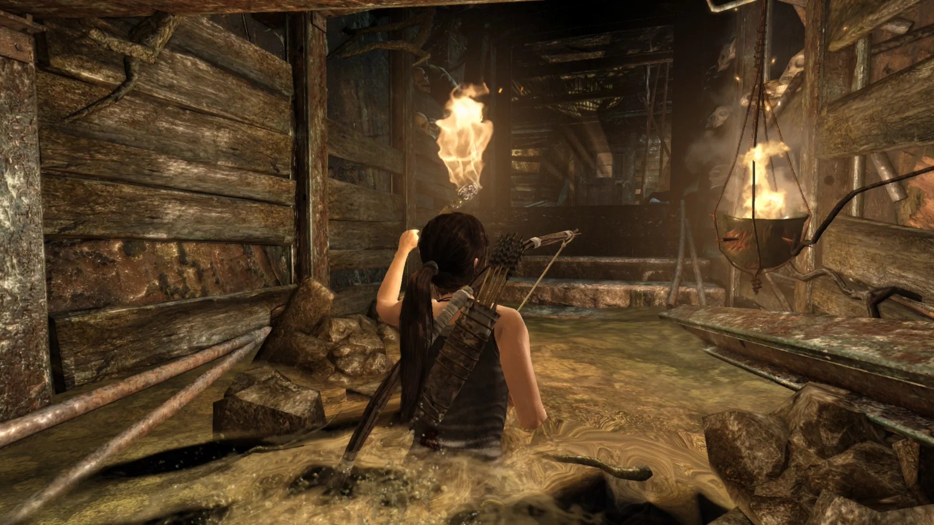 Tomb Raider Game of the Year Edition Xbox 360 action-adventure reboot origin story Lara Croft survival island Yamatai exploration puzzle-solving combat bow and arrows climbing tombs scavenging animal hunting character progression RPG elements upgrade system story-driven third-person perspective hub areas all downloadable content included complete experience gameplay screenshot