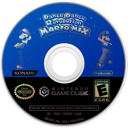 Disc art for Dance Dance Revolution Mario Mix GameCube GC video game, rhythm and music, dance gameplay, multiplayer, family-friendly, Nintendo GameCube classic