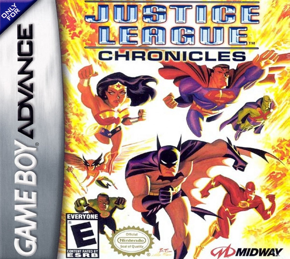 Justice League Chronicles Game Boy Advance GBA for retro video game enthusiasts featuring superhero action gameplay iconic DC heroes cooperative combat missions side scrolling adventure mechanics comic book inspired challenges fast paced handheld gaming action and collectible gaming appeal front cover