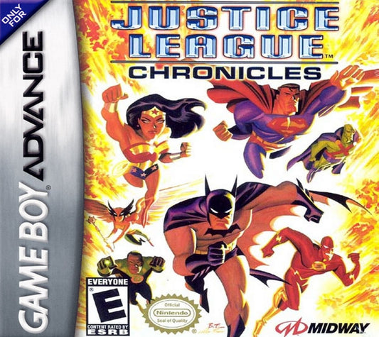 Justice League Chronicles Game Boy Advance GBA for retro video game enthusiasts featuring superhero action gameplay iconic DC heroes cooperative combat missions side scrolling adventure mechanics comic book inspired challenges fast paced handheld gaming action and collectible gaming appeal front cover