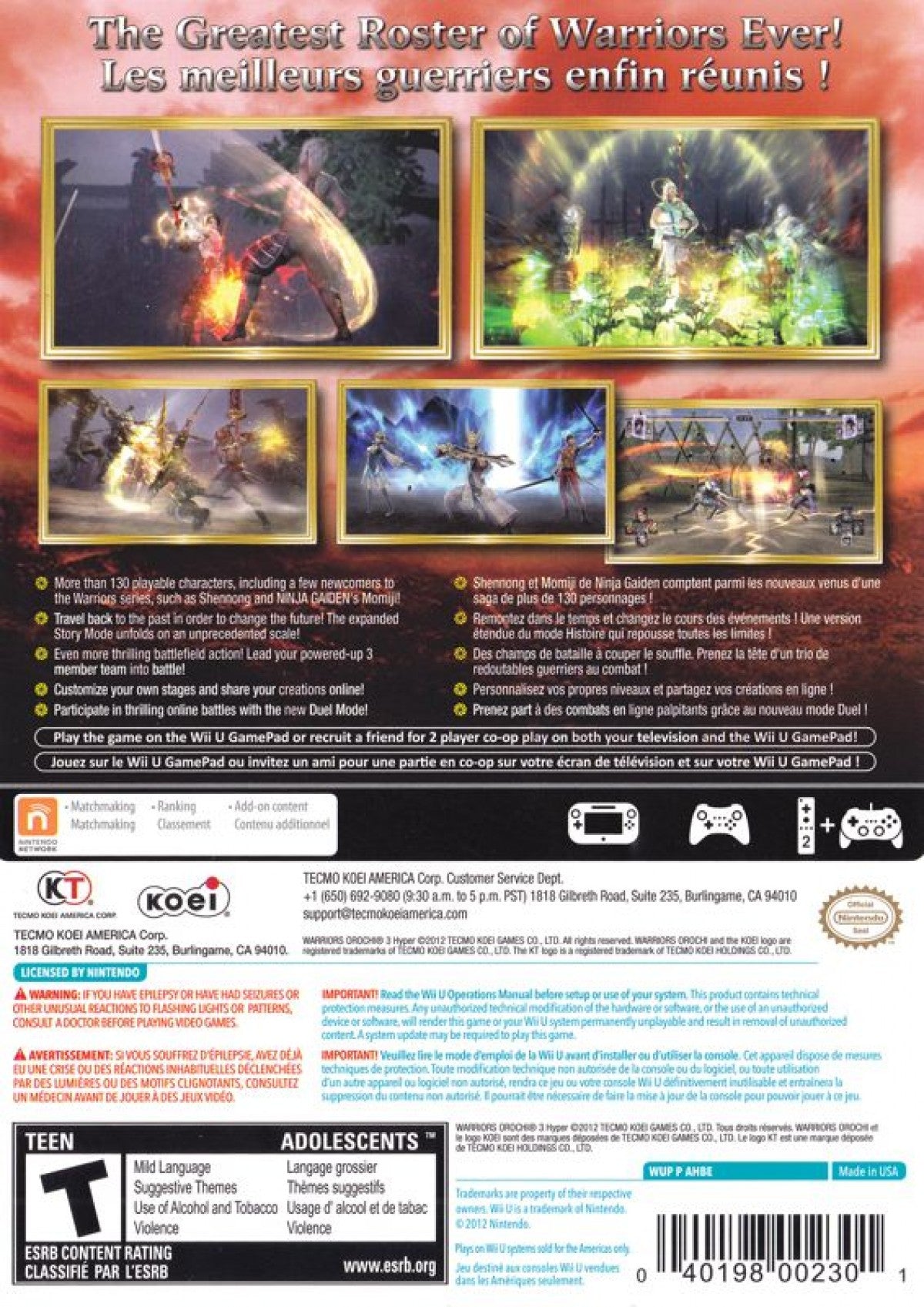 Warriors Orochi 3 Hyper back cover art for Nintendo Wii U action video game. 