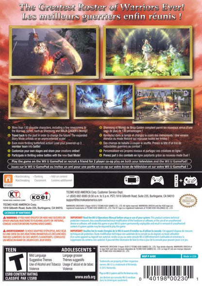 Warriors Orochi 3 Hyper back cover art for Nintendo Wii U action video game. 
