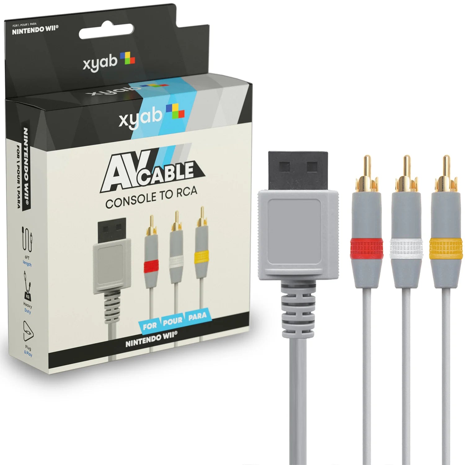 XYAB brand AV cable compatible with Nintendo Wii and Wii U consoles for connecting to TV and transmitting audio and video signals