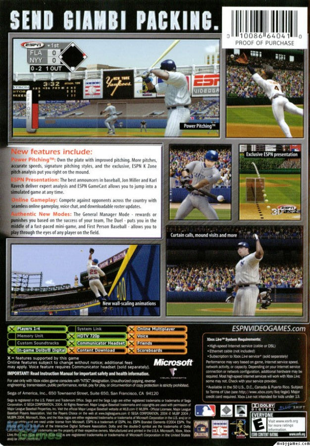 ESPN Baseball 2004 back cover art for Xbox XBOX video game