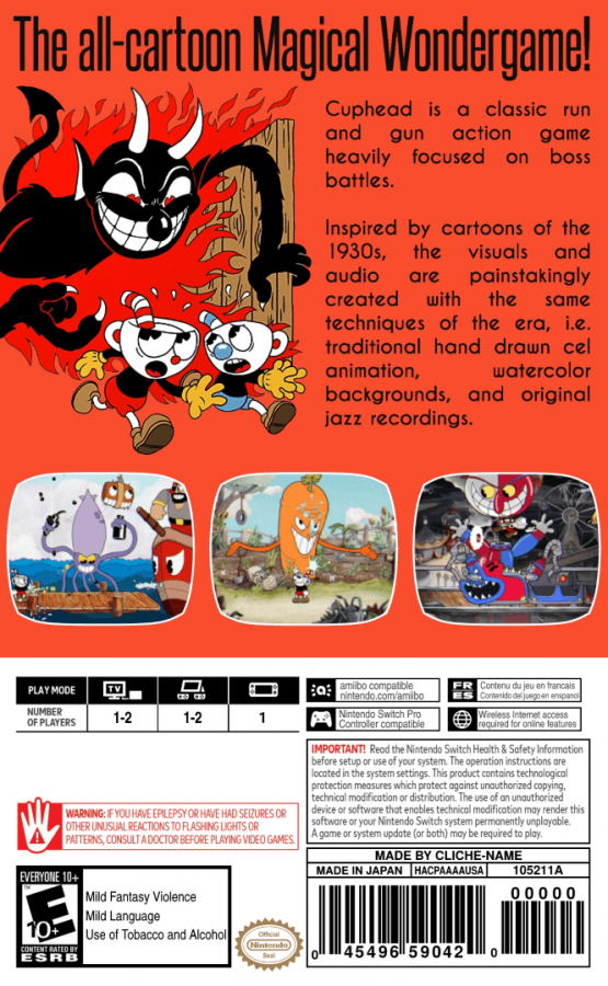 Cuphead  Nintendo Switch (NS) game back cover art for run-and-gun action platformer with vintage cartoon style. 