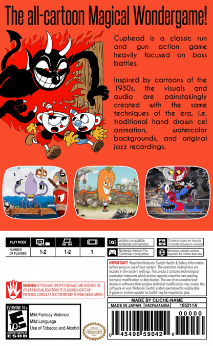 Cuphead  Nintendo Switch (NS) game back cover art for run-and-gun action platformer with vintage cartoon style. 