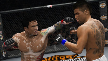 UFC Undisputed 3 Xbox 360 inspired design featuring mixed martial arts sports simulation aesthetic realistic MMA combat octagon fights licensed UFC fighters intense grappling striking gameplay competitive championship atmosphere nostalgic THQ sports presentation gameplay 