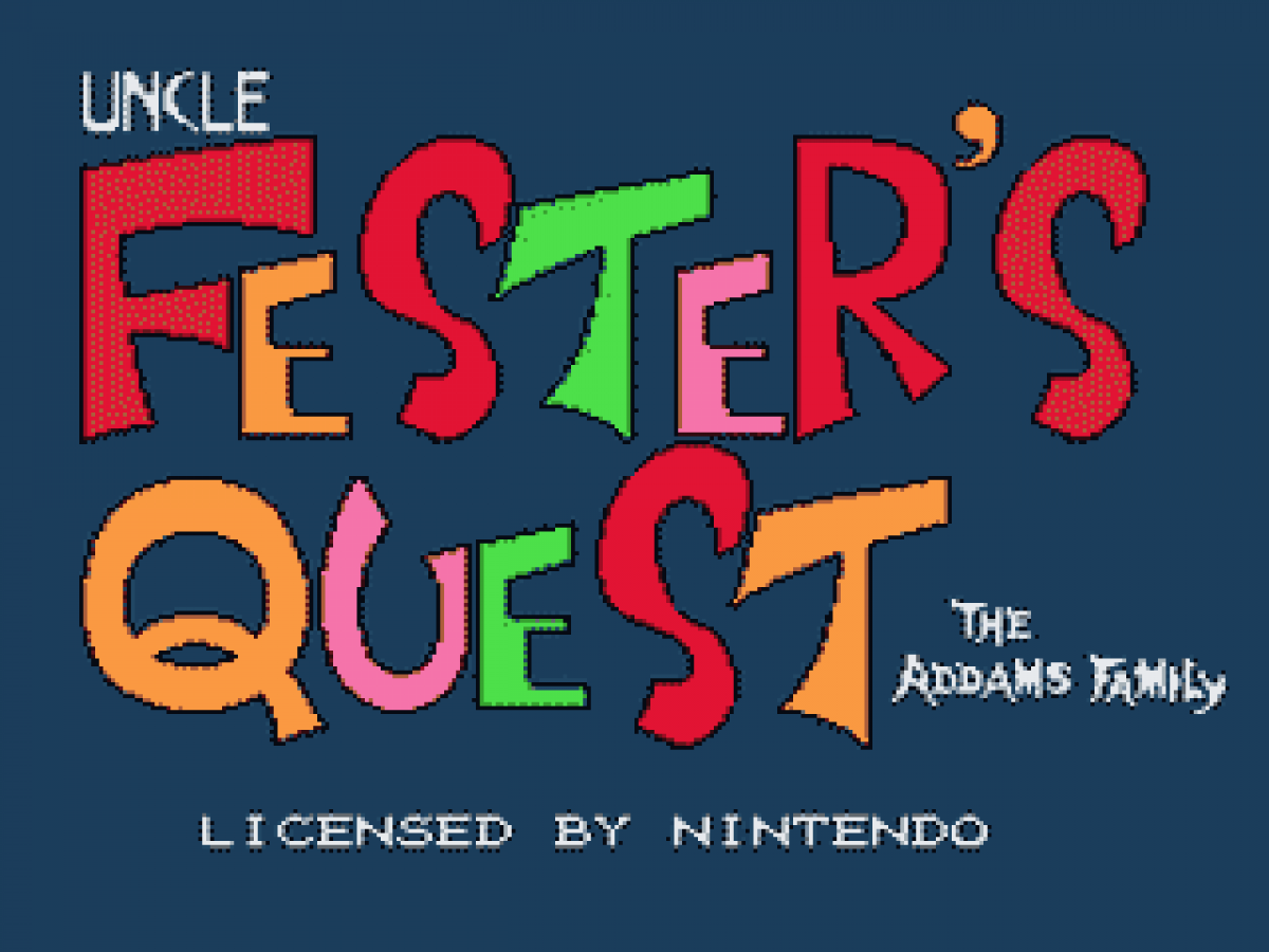 Fester's Quest cartridge for the Nintendo Entertainment System featuring 8 bit top down action gameplay as Uncle Fester battles alien invaders with power ups weapons and maze like city exploration gameplay 