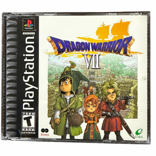 Dragon Warrior VII PlayStation 1 PS1 for retro video game enthusiasts featuring classic role playing gameplay turn based combat expansive world exploration character customization job system monster encounters epic adventure and collectible gaming appeal cover art