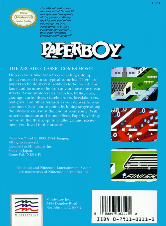 Paperboy cartridge for the Nintendo Entertainment System featuring 8 bit arcade action with newspaper delivery gameplay obstacle filled suburban streets and fast paced bike riding challenges back cover
