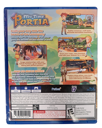 My Time at Portia retro PS4 video game My Time at Portia life simulation crafting farming adventure open world town building RPG inspired gameplay console release cover art back cover 
