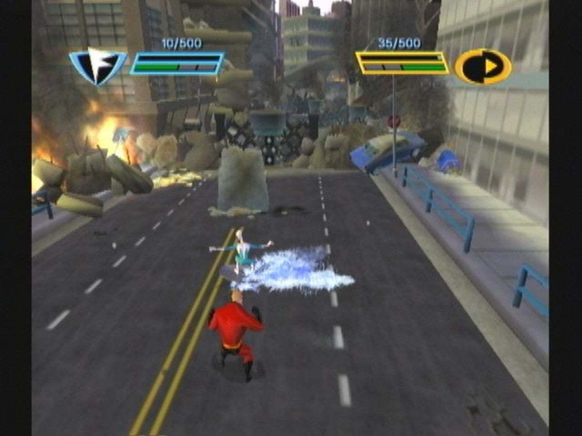 Gameplay for The Incredibles Rise of the Underminer GameCube GC video game, action adventure, Pixar movie tie-in, co-op gameplay, family-friendly, Nintendo GameCube title