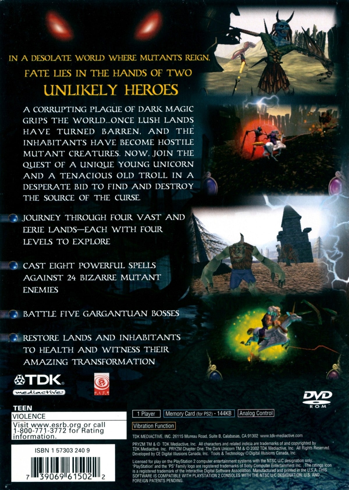 Pryzm Chapter One The Dark Unicorn PS2 Sony PlayStation 2 action adventure fantasy RPG elemental powers magic combat exploration puzzle solving mythical creatures story driven gameplay retro gaming PlayStation 2 software video game title back cover art