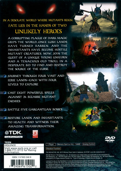 Pryzm Chapter One The Dark Unicorn PS2 Sony PlayStation 2 action adventure fantasy RPG elemental powers magic combat exploration puzzle solving mythical creatures story driven gameplay retro gaming PlayStation 2 software video game title back cover art