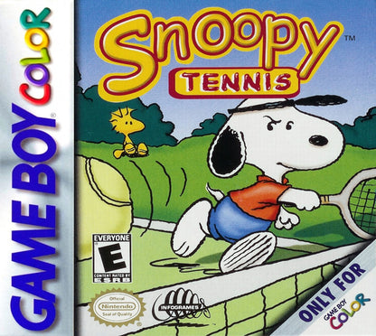 Snoopy Tennis for Game Boy Color, cover image for a sports arcade video game with tennis gameplay, character-based matches, cartoon-style visuals, and casual competitive gameplay