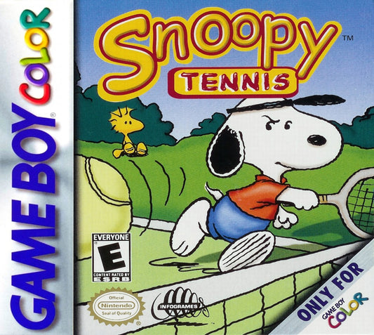 Snoopy Tennis for Game Boy Color, cover image for a sports arcade video game with tennis gameplay, character-based matches, cartoon-style visuals, and casual competitive gameplay