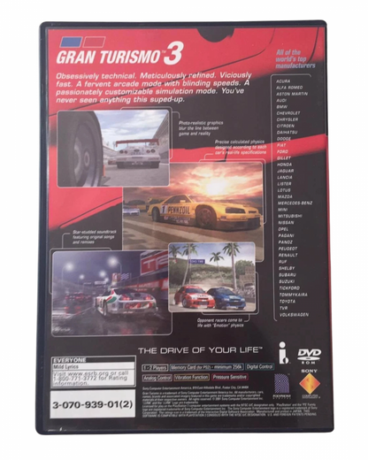 Gran Turismo 3 A Spec Racing Pack Edition release for the PlayStation 2 featuring realistic driving simulation gameplay with licensed cars detailed tracks and competitive racing modes for motorsport enthusiasts back cover