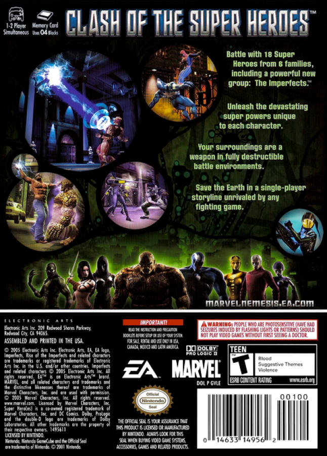 Marvel Nemesis The Rise of the Imperfects back cover for Nintendo GameCube video game. 