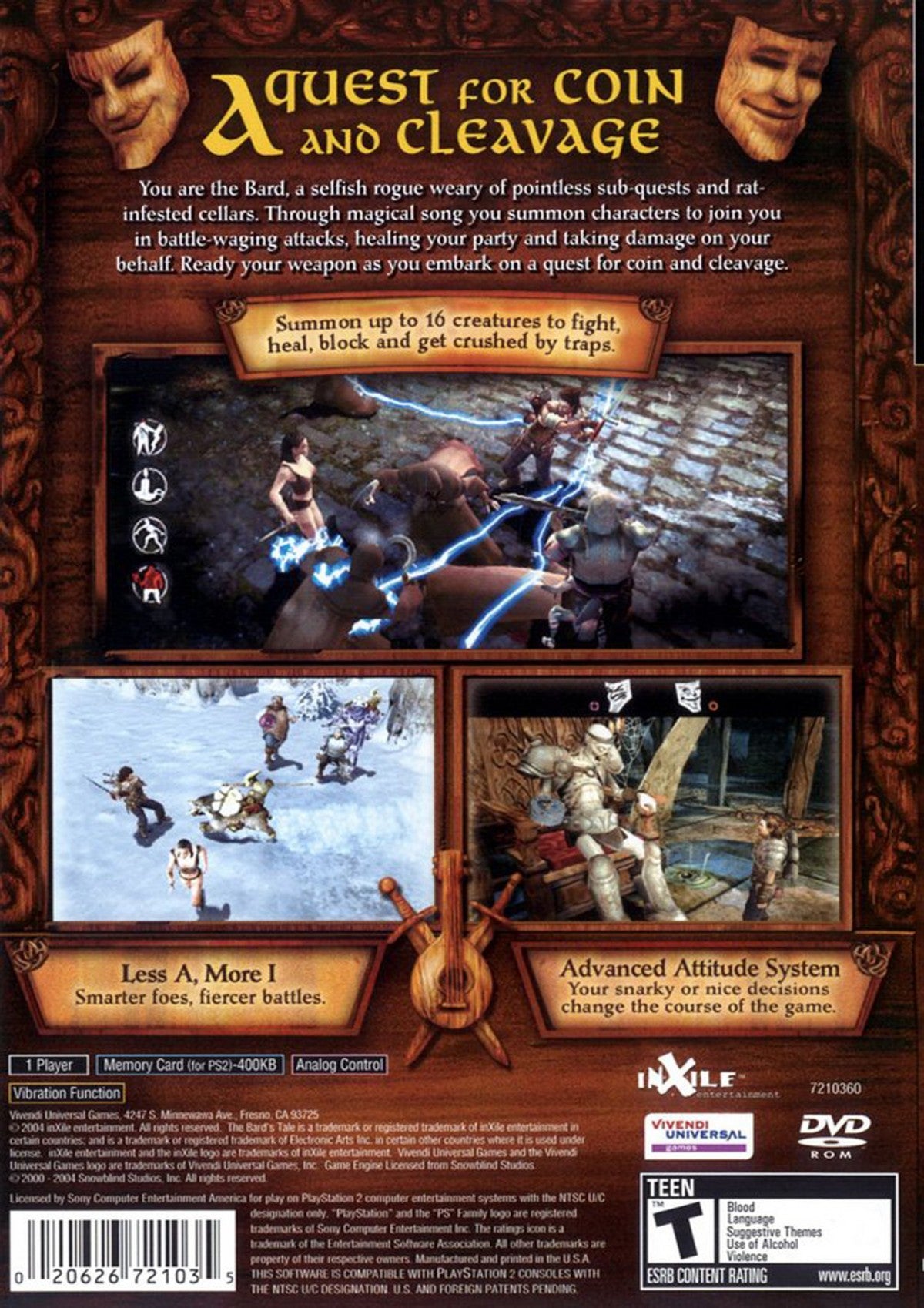 The Bard's Tale PlayStation 2 action RPG video game humorous isometric perspective sarcastic protagonist narrator companion Celtic soundtrack musical numbers dungeon crawling hack and slash monster summoning InXile Entertainment remake of the classic computer RPG series back cover