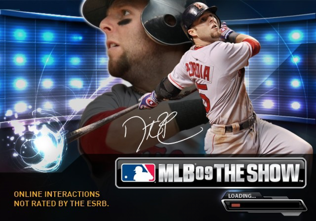 MLB 09: The Show loading screen for PlayStation 2 (PS2) featuring realistic baseball simulation with authentic teams, players, and immersive stadium gameplay.