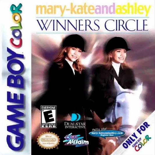 Mary-Kate and Ashley Winners Circle for Game Boy Color, cover image for a sports simulation video game with horse riding gameplay, competition events, training challenges, and casual adventure activities