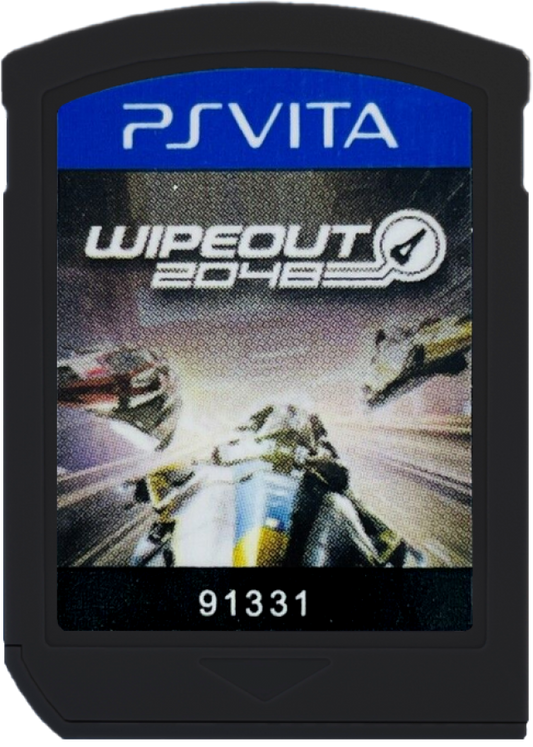 Wipeout 2048 PlayStation Vita cartridge for retro video game enthusiasts featuring futuristic anti gravity racing gameplay high speed sci fi tracks weapon based combat competitive racing modes sleek neon visual style and portable handheld adrenaline fueled racing experience and collectible gaming appeal