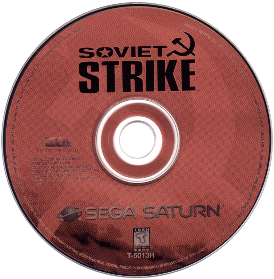Soviet Strike Sega Saturn isometric helicopter action shooter military arcade combat desert jungle missions FMV style briefing sequences Electronic Arts Strike series gameplay retro gaming Sega Saturn software video game title disc 