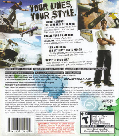 Skate PlayStation 3 skateboarding simulation video game EA Black Box flick it control scheme realistic physics San Vanelona open world locations career mode skate parks video editor soundtrack create a skater professional challenges online multiplayer skate reels back cover