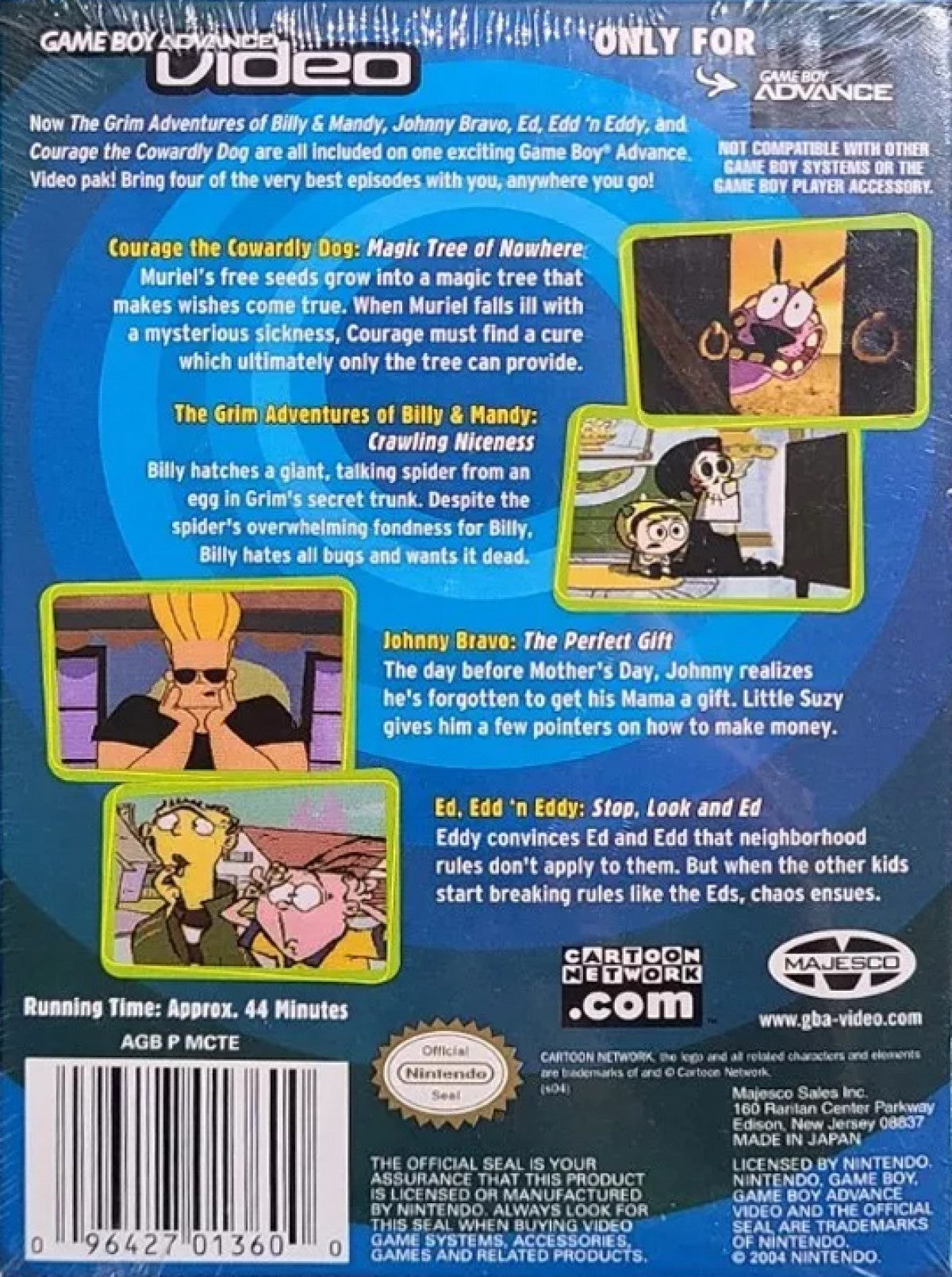 GBA Video Cartoon Network Collection Volume 1 Game Boy Advance video playback cartridge featuring episodes of Ed Edd n Eddy Courage the Cowardly Dog and other Cartoon Network shows box back cover