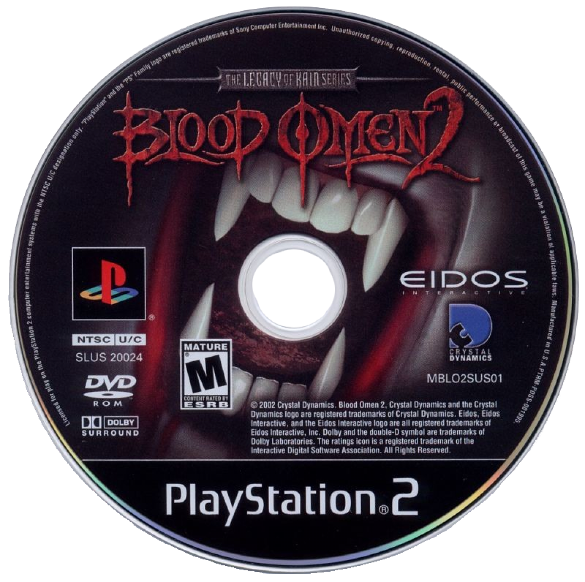Blood Omen 2 for PlayStation 2 with dark vampire-themed action-adventure focus disc
