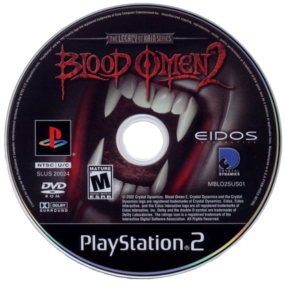 Blood Omen 2 for PlayStation 2 with dark vampire-themed action-adventure focus disc