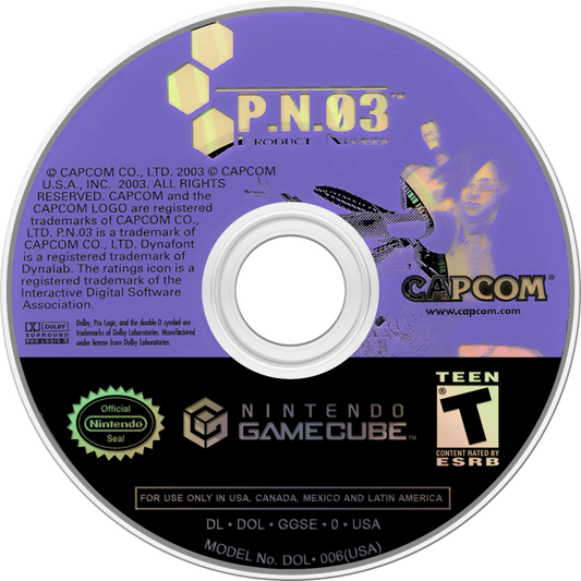 P N 03 Product Number for GameCube featuring fast paced action gameplay and futuristic anime style visuals disc