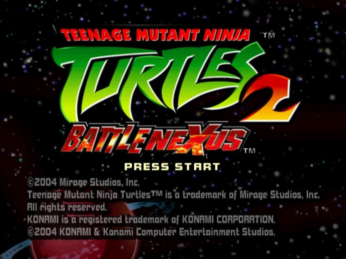 Teenage Mutant Ninja Turtles 2 Battle Nexus GameCube GC video game, action beat ’em up, cartoon-based gameplay, multiplayer, family-friendly, Nintendo GameCube title screen