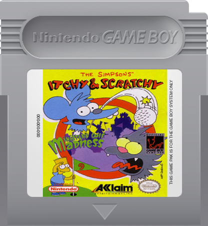 Itchy and Scratchy's Miniature Golf Madness Nintendo Game Boy GB for retro video game enthusiasts featuring miniature golf sports gameplay cartoon inspired courses obstacle filled challenges precision putting family friendly handheld gaming and collectible gaming appeal cartridge