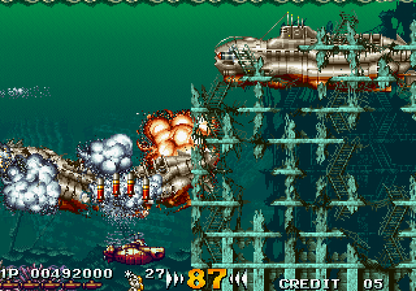 In The Hunt arcade Sega Saturn side scrolling submarine shooter underwater combat military sci fi action giant mechanical enemies explosive torpedoes Irem arcade port retro gaming Sega Saturn software video game title gameplay 