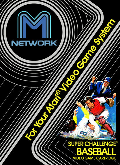 Super Challenge Baseball for Atari 2600, cover image for a baseball sports video game with arcade-style gameplay, retro team competition, bat-and-ball action, and classic home console sports fun