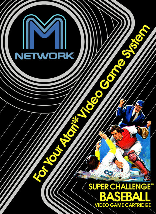 Super Challenge Baseball for Atari 2600, cover image for a baseball sports video game with arcade-style gameplay, retro team competition, bat-and-ball action, and classic home console sports fun