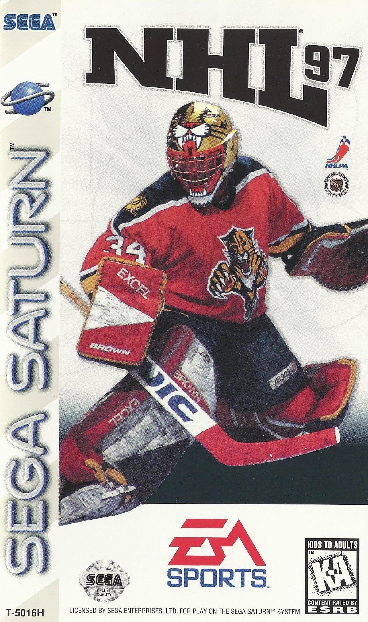 NHL 97 Sega Saturn for hockey sports video game fans featuring official NHL teams and players fast paced on ice gameplay season and exhibition modes realistic hockey action multiplayer competition classic EA Sports presentation retro Sega Saturn gaming collectible appeal front cover art