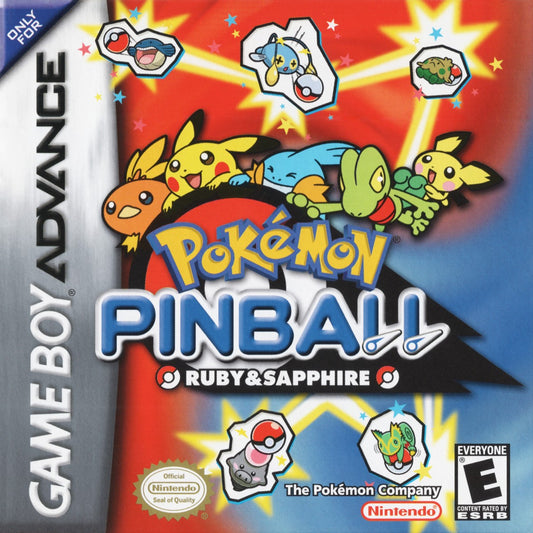 Pokémon Pinball Ruby and Sapphire for Game Boy Advance pinball arcade game featuring Pokémon catching mechanics Ruby and Sapphire themed tables rumble gameplay collectible Pokémon gameplay cover