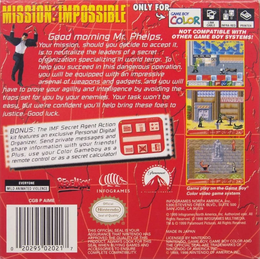 Mission Impossible for Game Boy Color, back of case for an action-adventure video game with stealth gameplay, mission-based objectives, gadget use, and spy-themed challenges