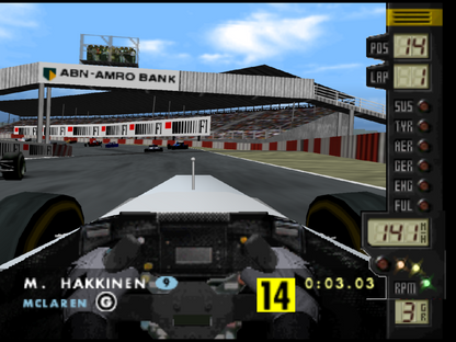 F-1 World Grand Prix Nintendo 64 N64 video game featuring Formula One racing gameplay licensed F1 drivers and teams high speed open wheel race cars realistic Grand Prix circuits championship season mode time trials pit stops vehicle handling racing strategy and classic 64 bit Nintendo motorsport action retro video game collection collectible gaming appeal gameplay