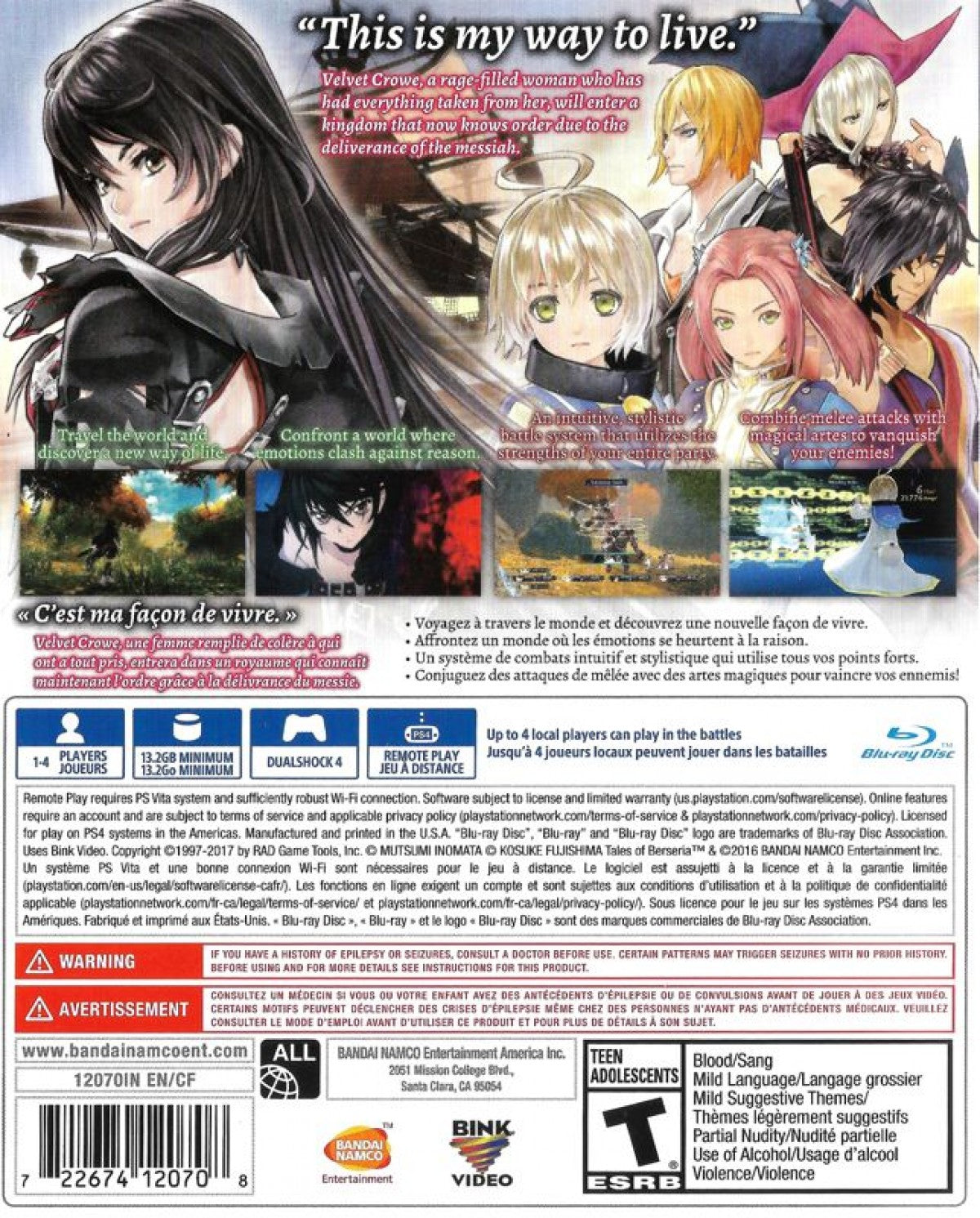 Tales of Berseria – PlayStation 4 (PS4) video game back of case, Japanese role-playing game
