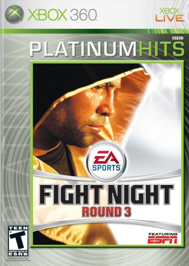 Fight Night Round 3 Platinum Hits Xbox 360 boxing game featuring realistic next-gen graphics ESPN presentation career mode create-a-boxer online multiplayer and intense one-on-one prizefighting action by EA Sports cover