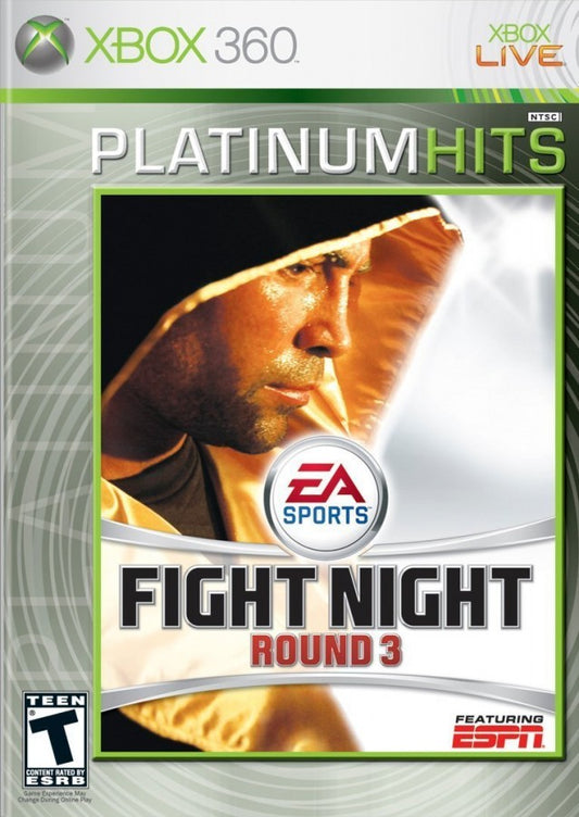 Fight Night Round 3 Platinum Hits Xbox 360 boxing game featuring realistic next-gen graphics ESPN presentation career mode create-a-boxer online multiplayer and intense one-on-one prizefighting action by EA Sports cover