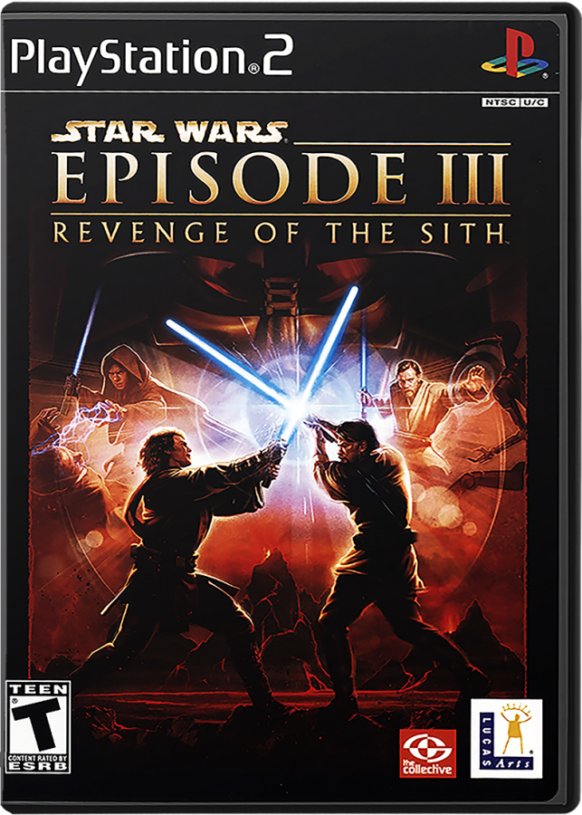 Star Wars: Episode III – Revenge of the Sith – PlayStation 2 (PS2) video game cover image, action-adventure lightsaber combat.