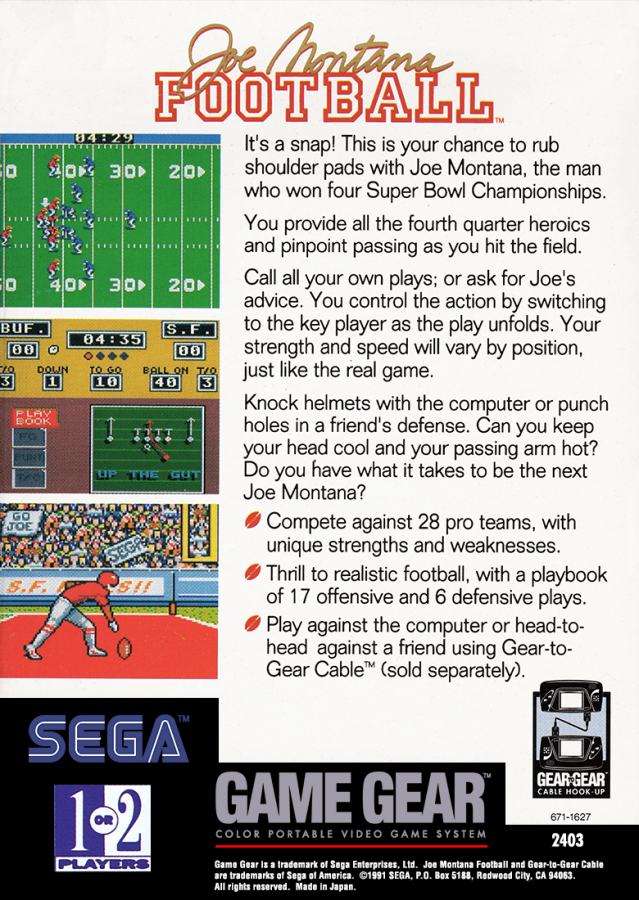 Joe Montana Football back cover art for Sega Game Gear (GG) video game