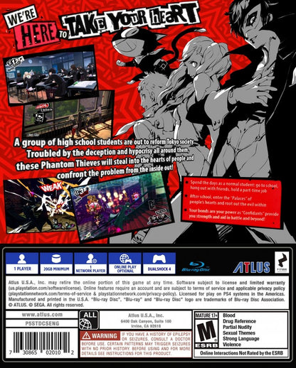 Persona 5 – PlayStation 4 (PS4) video game back of case, turn-based role-playing game