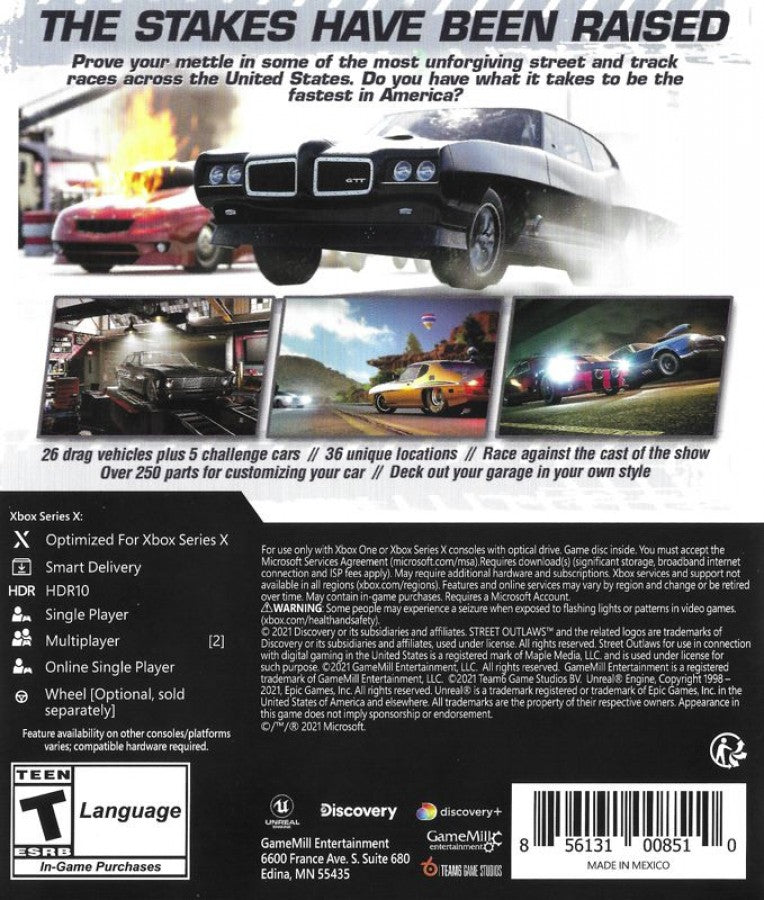 Street Outlaws 2: Winner Takes All back of case for Xbox Series X (XSX) street racing video game