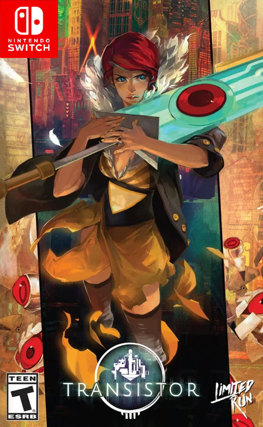 Transistor Nintendo Switch game featuring strategic action RPG combat and futuristic sci-fi storytelling front cover